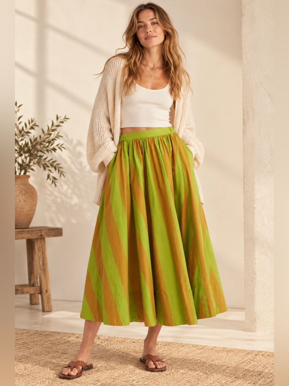 NWT Free People Lowen Striped Cotton Midi Skirt Size M
